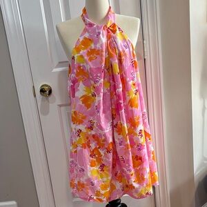 Aakaa Women’s 1X Pink White and Orange Flowy  Dress Sleeveless Spring Halter